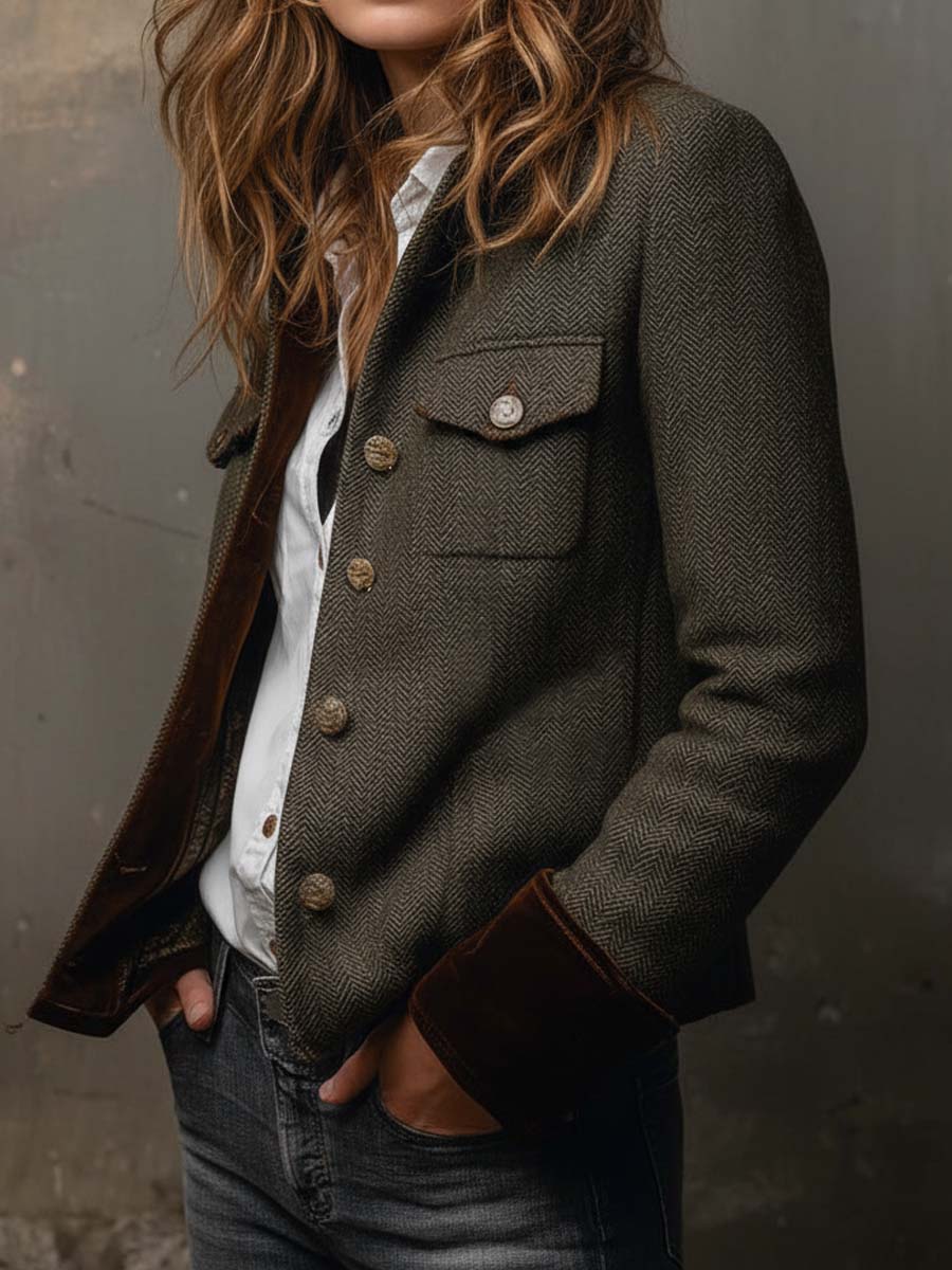 Siena | Blazer da Donna Vintage a Spina di Pesce con Bordi a Contrasto