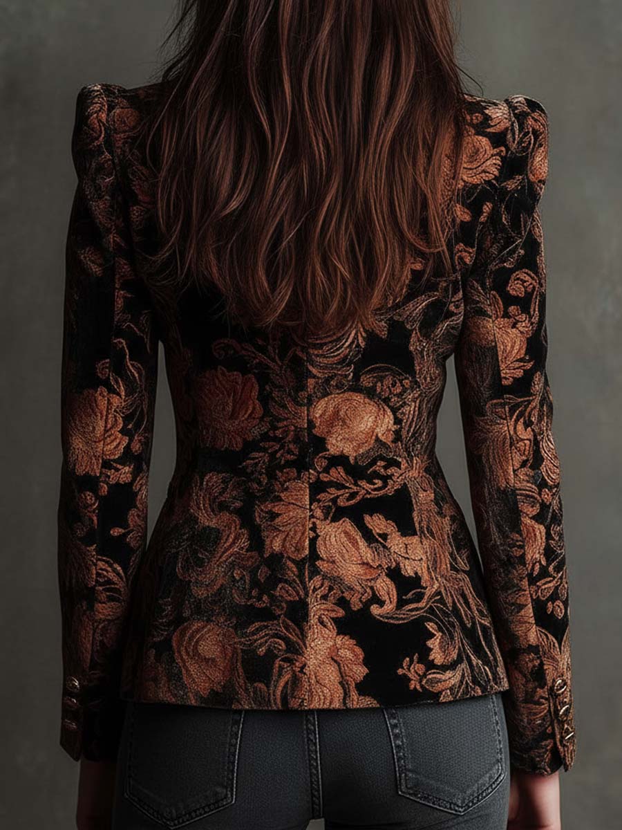 Elara | Blazer Sartoriale da Donna con Stampa Floreale Nera e Bronzo