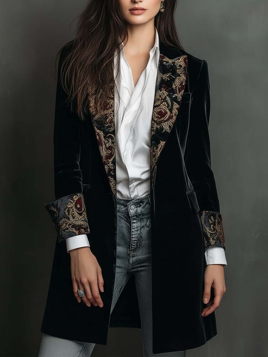 Siena | Blazer da Donna Slim Fit Nero con Revers e Stampa Barocca