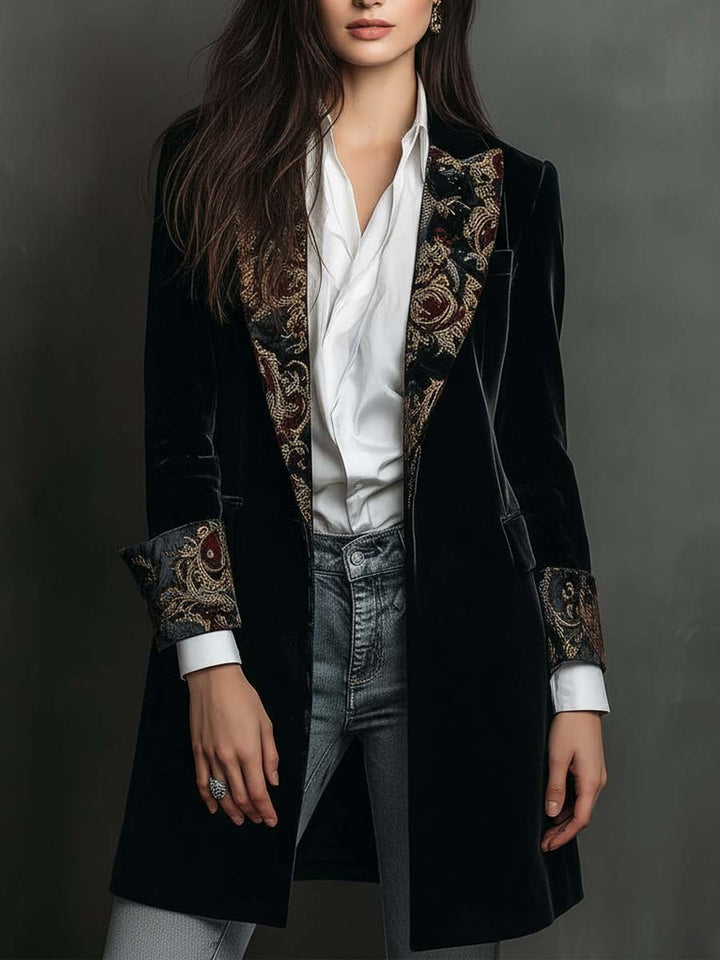 Siena | Blazer da Donna Slim Fit Nero con Revers e Stampa Barocca