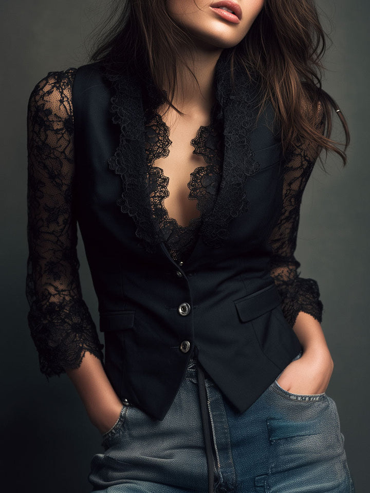 Liora | Giacca Blazer Nera con Maniche Semi-Trasparenti