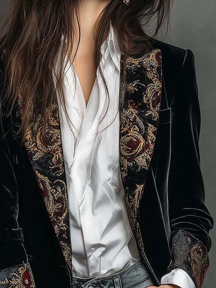 Siena | Blazer da Donna Slim Fit Nero con Revers e Stampa Barocca
