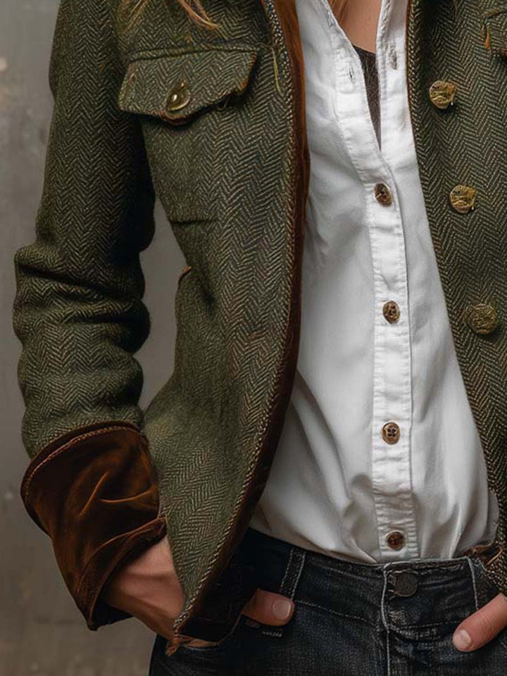 Elara | Blazer Vintage a Chevron con Bordature a Contrasto