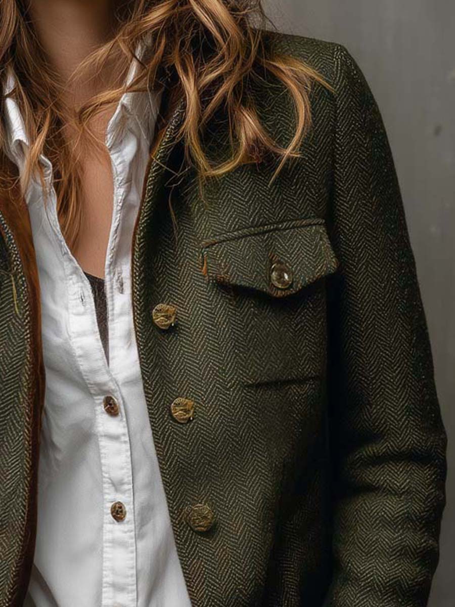 Elara | Blazer Vintage a Chevron con Bordature a Contrasto