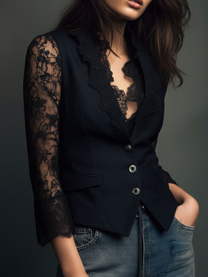 Liora | Giacca Blazer Nera con Maniche Semi-Trasparenti