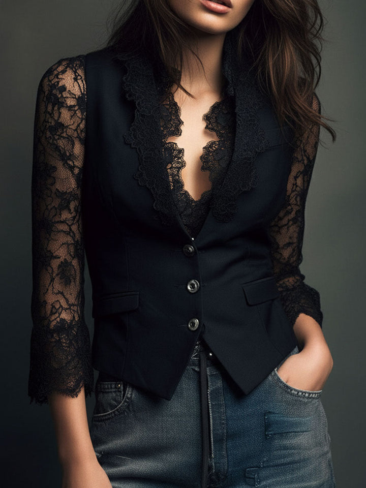 Liora | Giacca Blazer Nera con Maniche Semi-Trasparenti