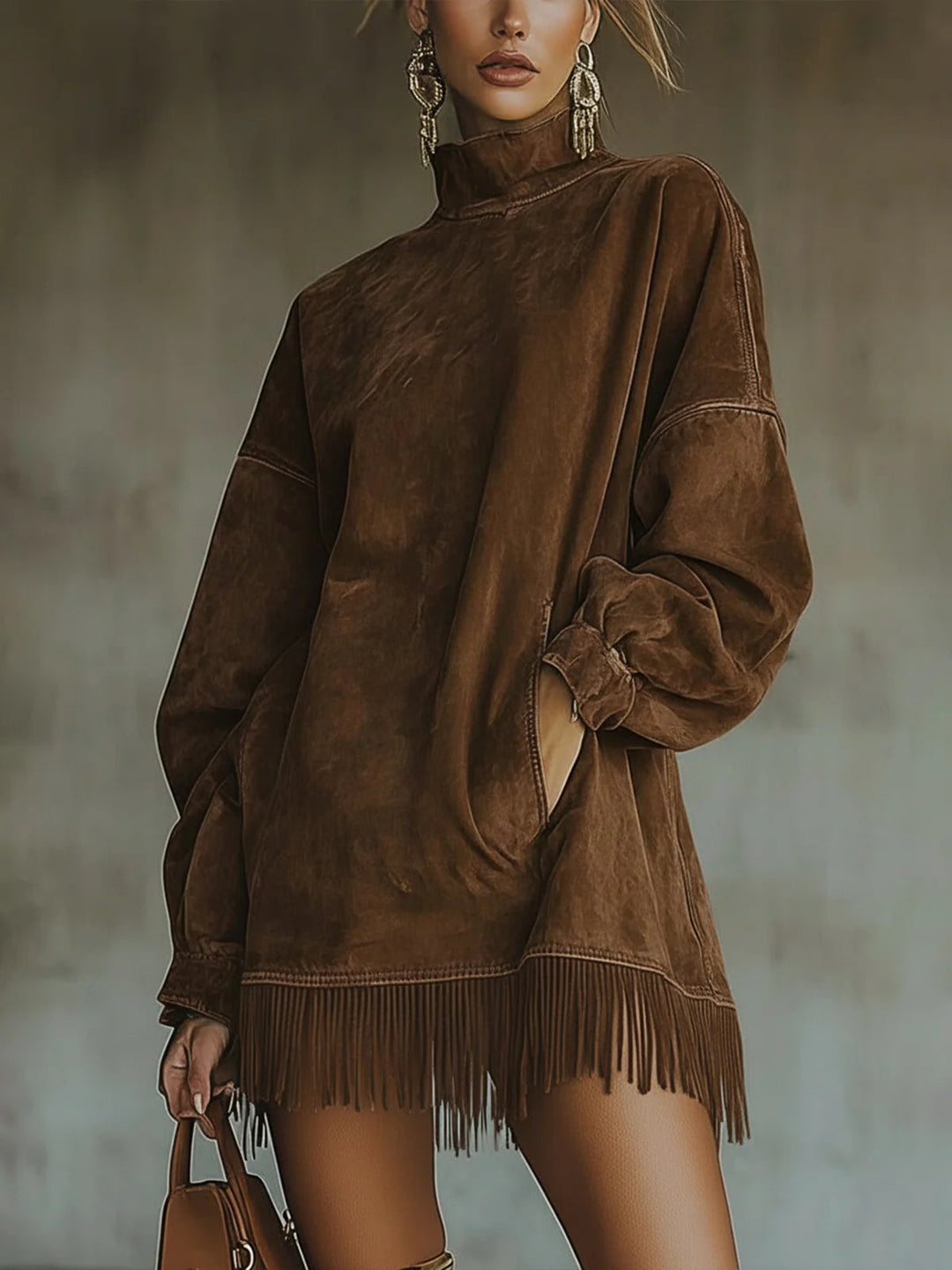 Aurea | Vestito con colletto alto e frange