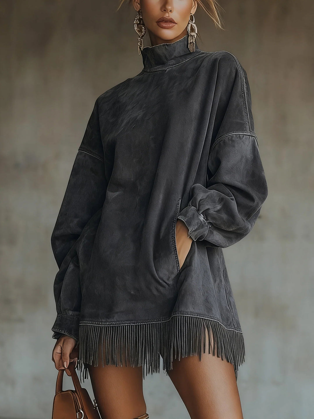 Aurea | Vestito con colletto alto e frange