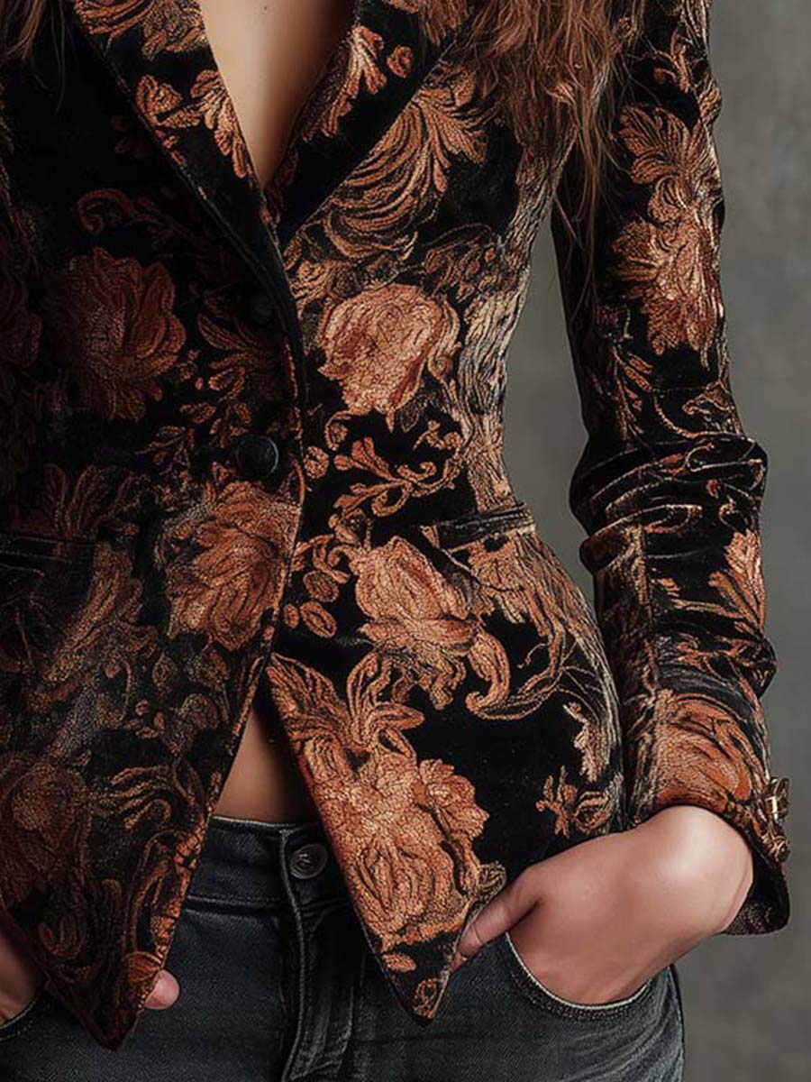 Elara | Blazer Sartoriale da Donna con Stampa Floreale Nera e Bronzo