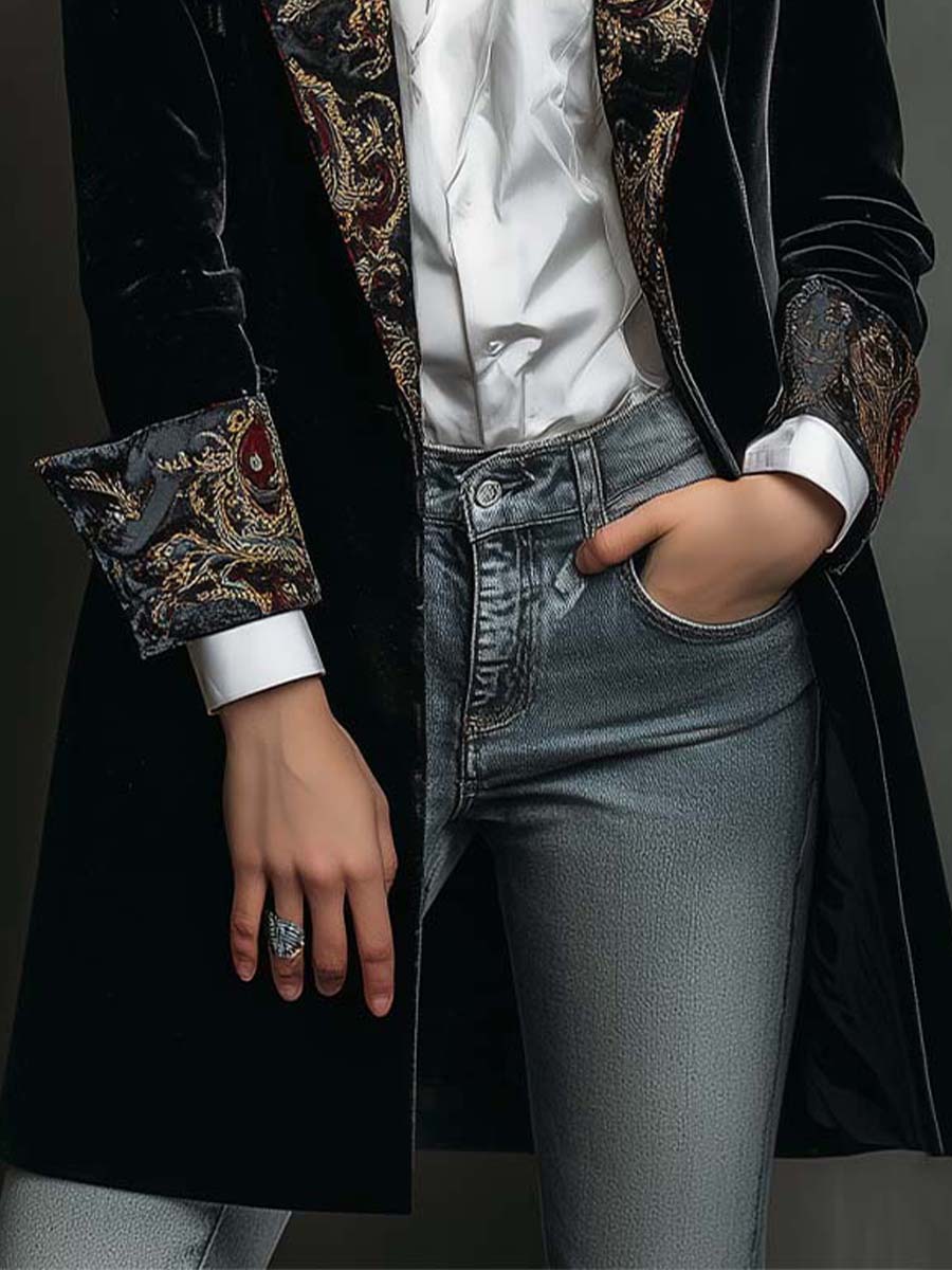Siena | Blazer da Donna Slim Fit Nero con Revers e Stampa Barocca